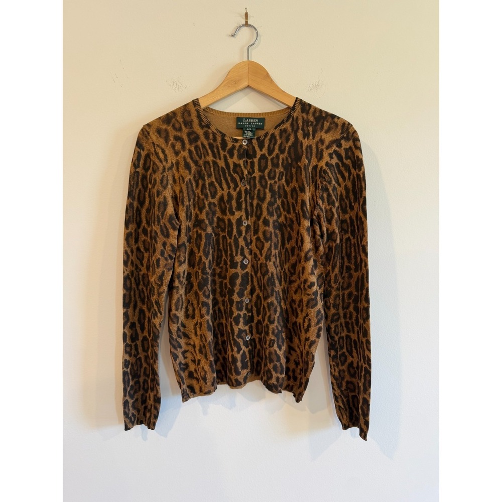Lauren Ralph Lauren Silk Blend Leopard Print Cardigan Sweater Brown Black PS